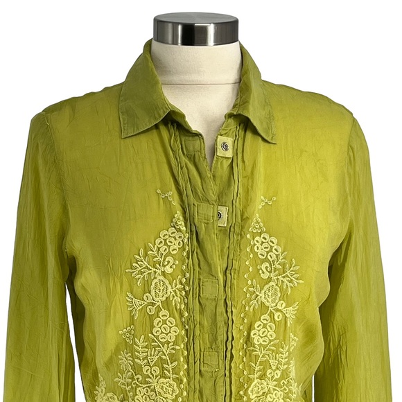 JOHNNY WAS Green Embroidered Sheer Silk Blouse M - Picture 5 of 13